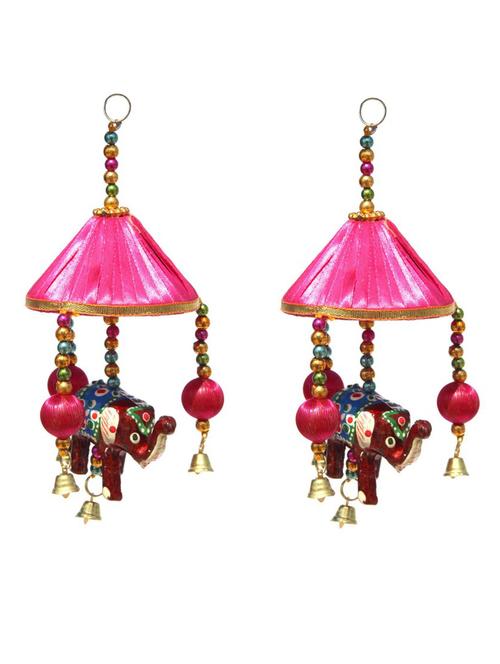 door hanging pair of maroon elephant under pink cloth tokri with bells - 14120388 - Very Small Image - 1