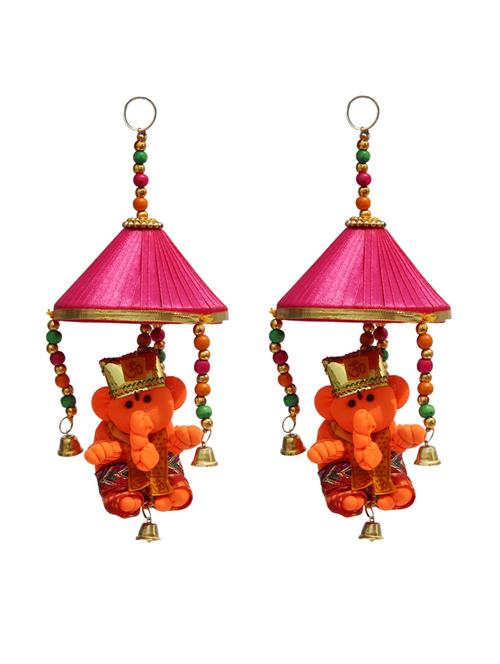 door hanging pair of modern ganesha with pink tokri and metal bell - 14120390 - Very Small Image - 1