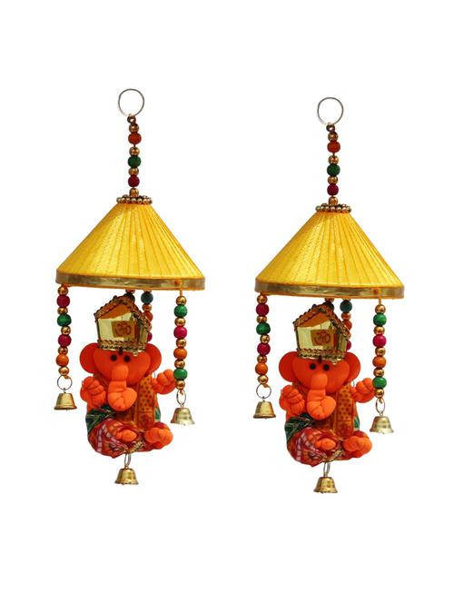 door hanging pair of modern ganesha with yellow tokri and metal bell - 14120391 - Very Small Image - 1