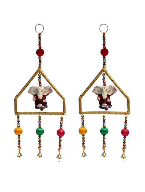 door hanging pair of maroon ganesha with decorative beads and metal bell - 14120393 - Very Small Image - 1