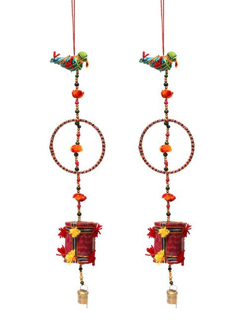 door hanging pair of sky blue cloth bird with ring and antique bell - 14120394 - Very Small Image - 1