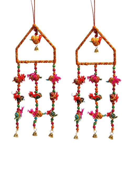 door hanging pair of yellow chunari cloth bird in yellow triangle with three cloth bird strands and metal bells - 14120399 - Very Small Image - 1