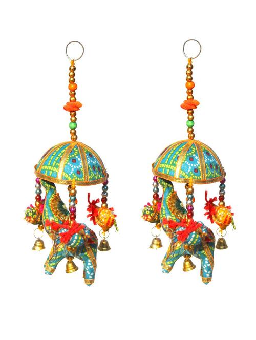 door hanging pair of sky blue chunari elephant with tokri over it and small birds surrounding - 14120401 - Very Small Image - 1