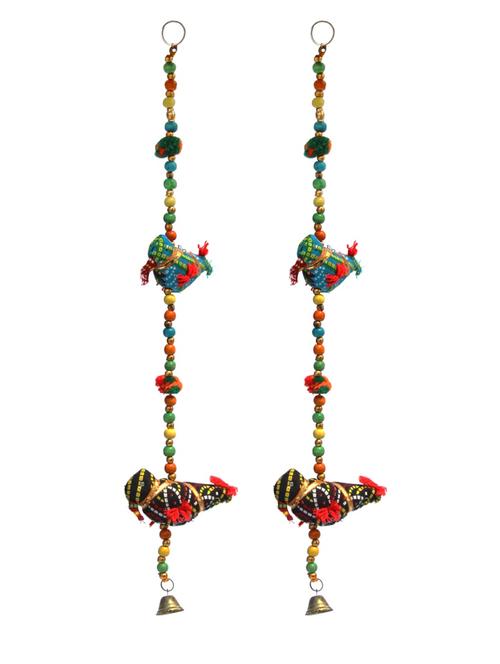 door hanging pair of sky blue and black chunari cloth birds with wooden beads and metal bell - 14120404 - Very Small Image - 1