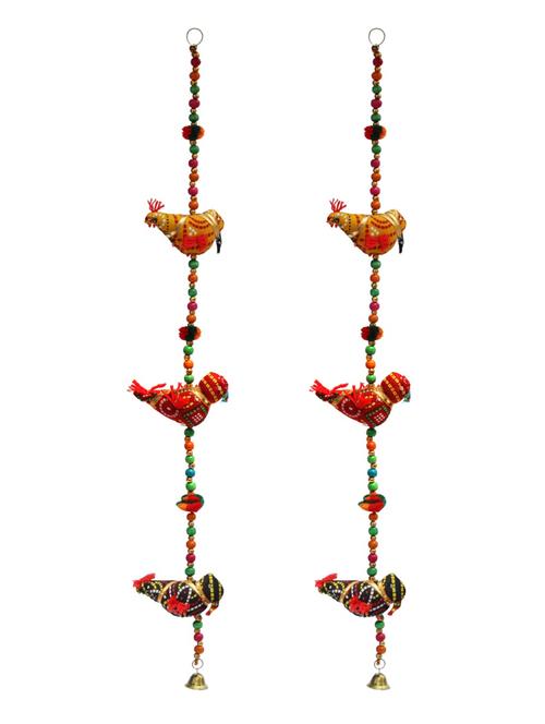 door hanging pair of yellow ,red and black chunari cloth birds with wooden beads and metal bell - 14120405 - Very Small Image - 1