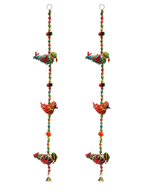 door hanging pair of sky blue, red and black chunari cloth birds with wooden beads and metal bell - 14120406 - Very Small Image - 1