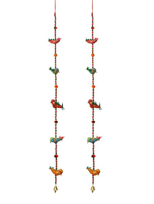 door hanging pair of multi color chunari cloth five birds with wooden beads and metal bell - 14120407 - Very Small Image - 1