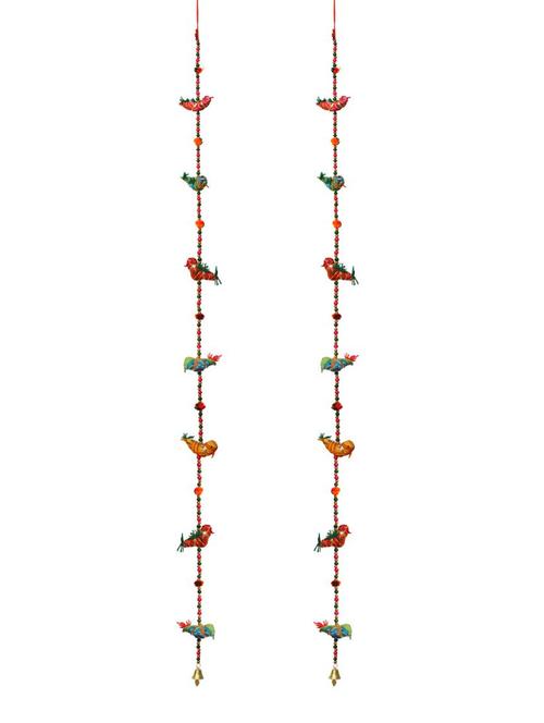 door hanging pair of multi color chunari cloth seven birds with wooden beads and metal bell - 14120408 - Very Small Image - 1