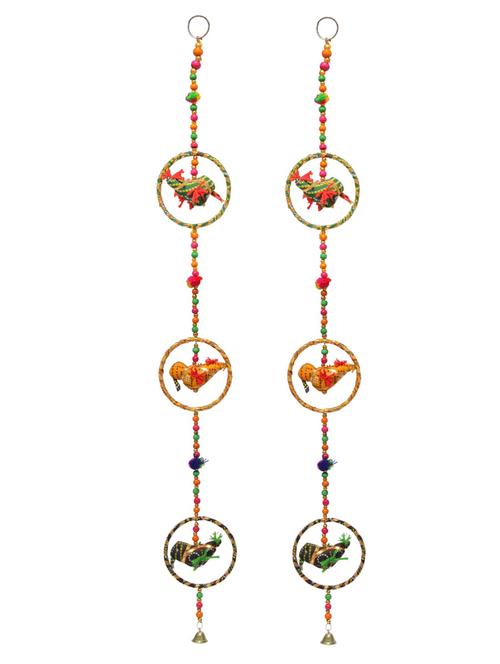 door hanging pair fo multi color chunari birds inside rings with wooden beads and metal bell - 14120410 - Very Small Image - 1