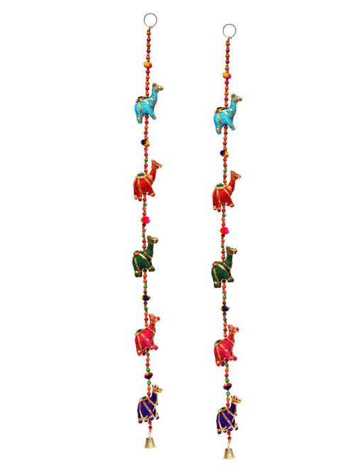 door hanging pair of multi color velvet cloth five camels with wooden beads and metal bell - 14120411 - Very Small Image - 1