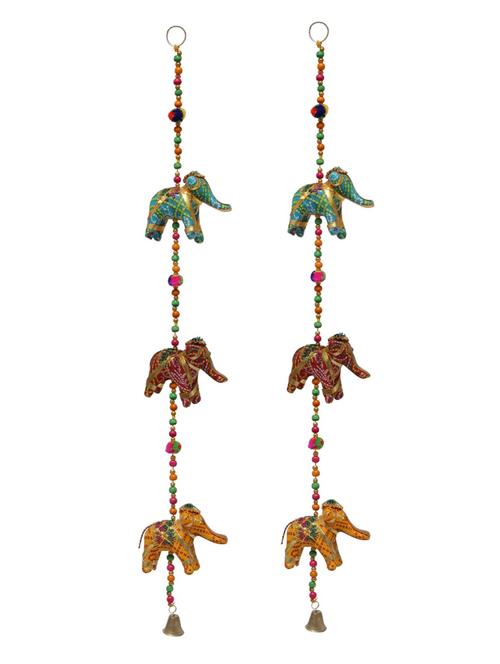 door hanging pair of multi chunari cloth three elephant row with wooden beads and metal bell - 14120412 - Very Small Image - 1