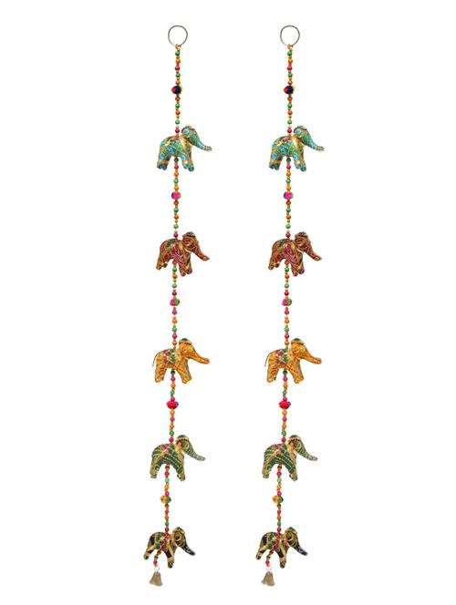 door hanging pair of multi chunari cloth five elephant row with wooden beads and metal bell - 14120413 - Very Small Image - 1