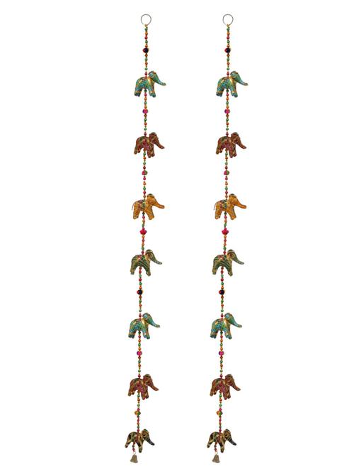 door hanging pair of multi chunari cloth seven elephant row with wooden beads and metal bell - 14120414 - Very Small Image - 1