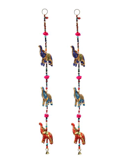 door hanging pair of multi chunari cloth three elephant trunk up row with wooden beads and metal bell - 14120415 - Very Small Image - 1
