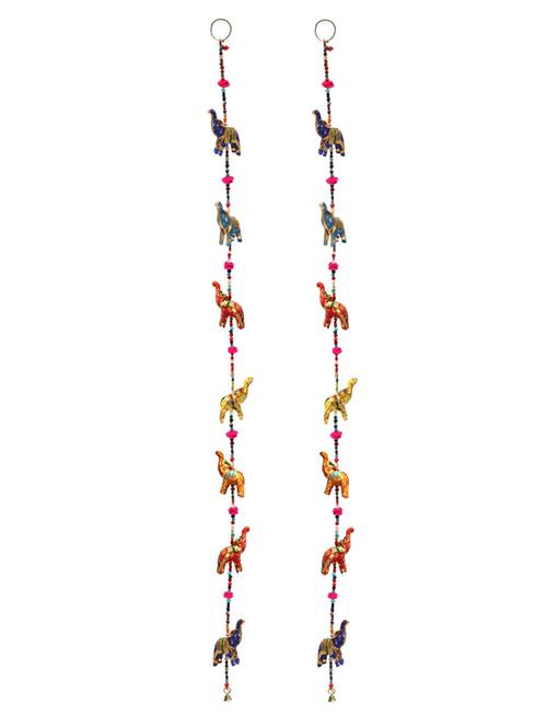 door hanging pair of multi chunari cloth seven elephant trunk up row with wooden beads and metal bell - 14120417 - Very Small Image - 1