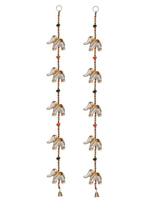 door hanging pair of white cloth five elephant row with wooden beads and metal bell - 14120418 - Very Small Image - 1