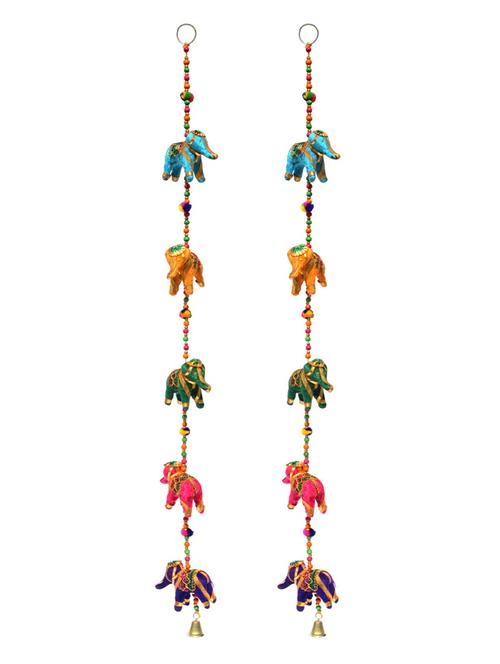 door hanging pair of velvet cloth five elephant row with wooden beads and metal bell - 14120420 - Very Small Image - 1