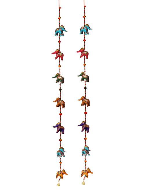 door hanging pair of velvet cloth seven elephant row with wooden beads and metal bell - 14120421 - Very Small Image - 1