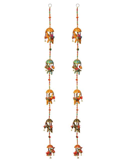 door hanging pair of multi color chunari five elephant with tokri over it and small birds surrounding - 14120422 - Very Small Image - 1