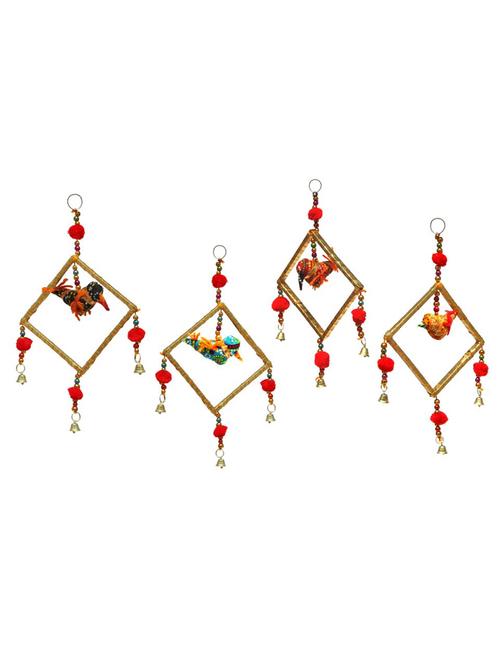 door hanging set of 4 pc multi color chunari cloth bird inside square shaped border with bells - 14120428 - Very Small Image - 1