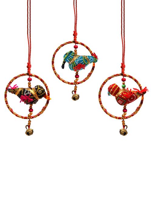 door hanging set of 3 pc multi color chunari cloth bird inside a ring with metal bell - 14120429 - Very Small Image - 1