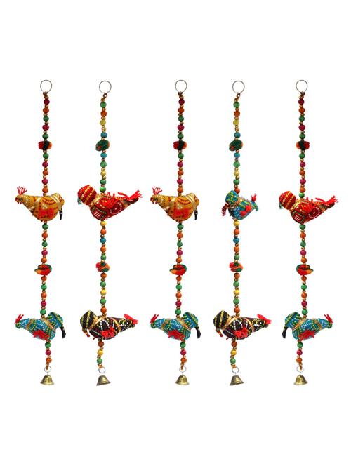 door hanging set of 5 pc chunari cloth 2 bird with wooden beads and metal bell - 14120430 - Very Small Image - 1