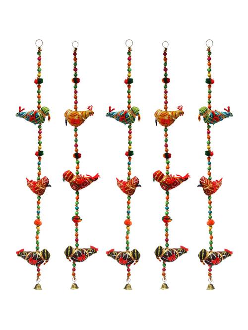 door hanging set of 5 pc chunari cloth 3 bird with wooden beads and metal bell - 14120431 - Very Small Image - 1