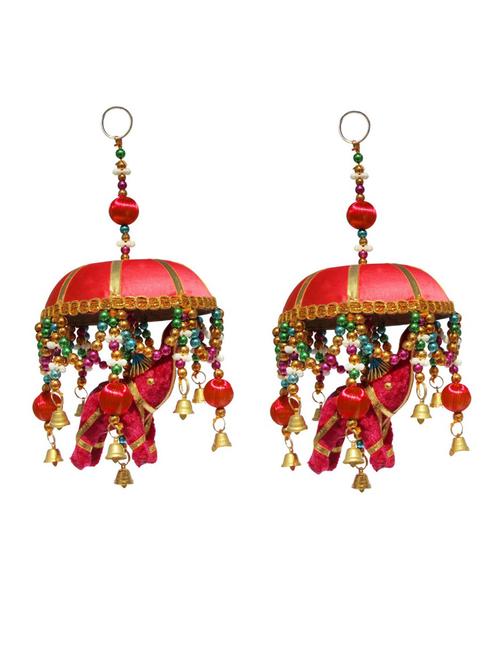 door hanging set of 2 pc pink velvet cloth elephant with red tokri decorative beads and metal bell - 14120433 - Very Small Image - 1
