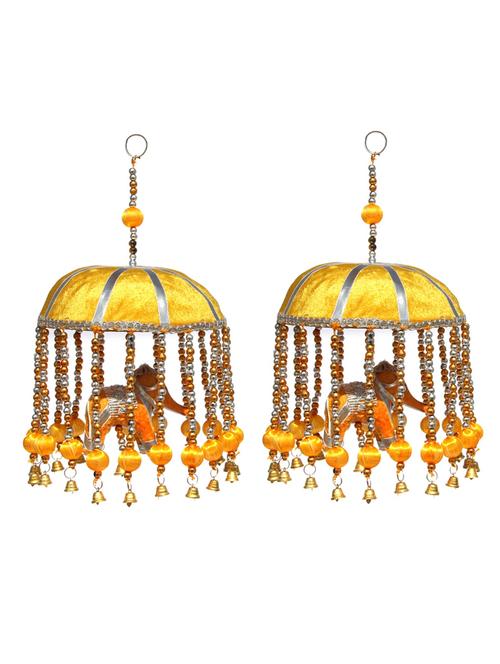 door hanging set of 2 pc yellow velvet cloth elephant with yellow tokri decorative beads and metal bell - 14120436 - Very Small Image - 1
