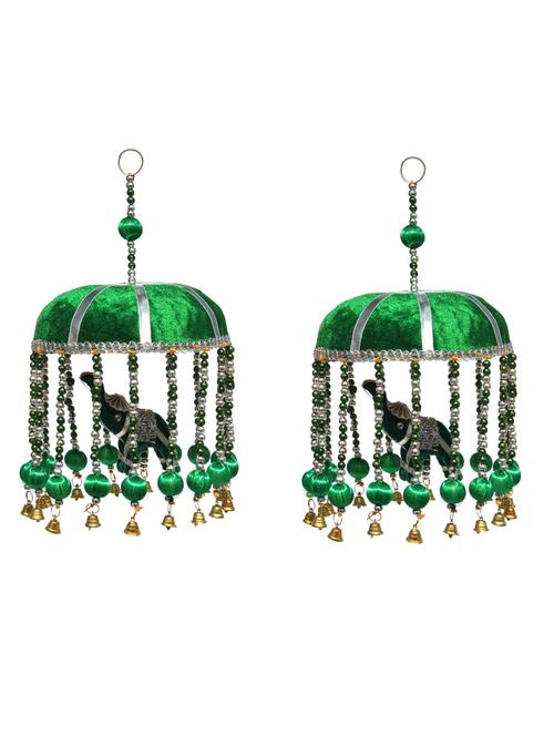 door hanging set of 2 green velvet cloth elephant with green tokri decorative beads and metal bell - 14120438 - Very Small Image - 1