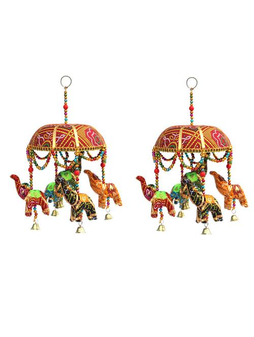 door hanging set of 2 pc chunari cloth elephants with red chunari tokri with decorative beads and metal bell - 14120439 - Very Small Image - 1