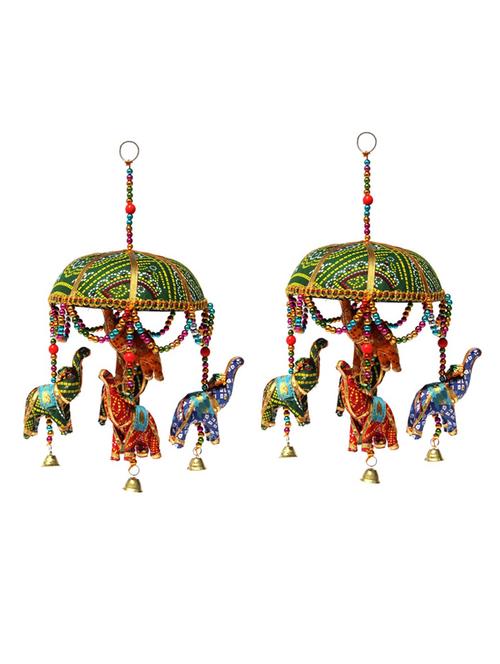 door hanging set of 2 pc chunari cloth elephants with green chunari tokri with decorative beads and metal bell - 14120441 - Very Small Image - 1