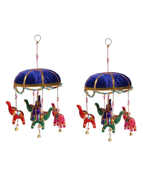 door hanging set of 2 pc velvet cloth elephants with blue velvet tokri glass beads and metal bell - 14120443 - Very Small Image - 1