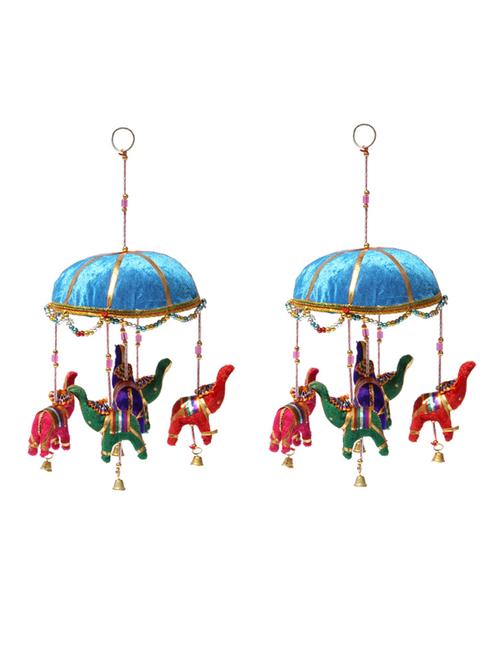 door hanging set of 2 pc velvet cloth elephants with sky blue tokri glass beads and metal bell - 14120445 - Very Small Image - 1