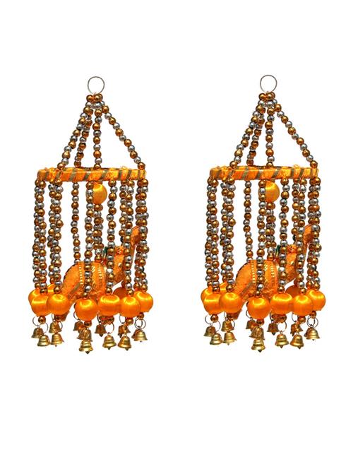 door hanging set of 2 pc yellow velvet elephant with multiple decorative strands of beads around and metal bells - 14120446 - Very Small Image - 1