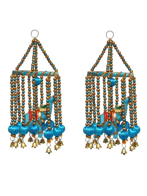door hanging set of 2 pc sky blue velvet elephant with multiple decorative strands of beads around and metal bells - 14120447 - Very Small Image - 1