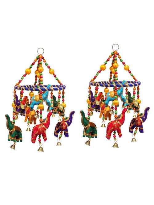 door hanging multi color velvet elephants with blue ring wooden beads and metal bells - 14120448 - Very Small Image - 1