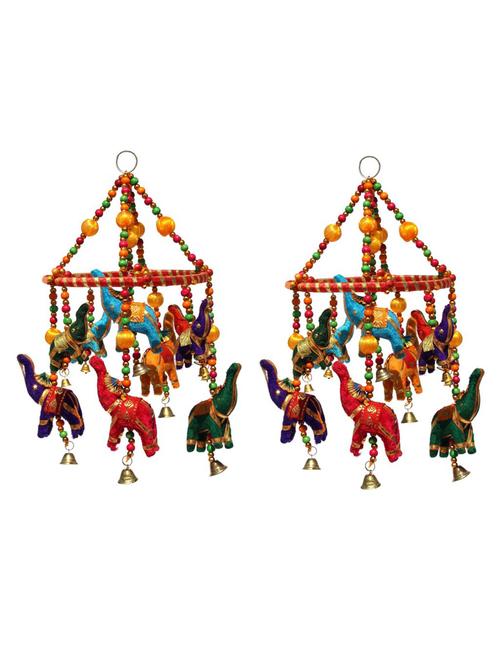 door hanging set of 2 pc multi color velvet elephants with red ring wooden beads and metal bells - 14120449 - Very Small Image - 1