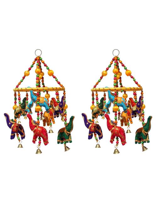 door hanging set of 2 pc multi color velvet elephants with yellow ring wooden beads and metal bells - 14120450 - Very Small Image - 1