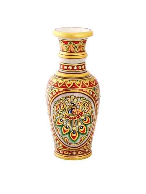 flower vase carved in marble with beautiful peacock pattern and red enmel painting by handicrafts paradise - 14122281 - Very Small Image - 1