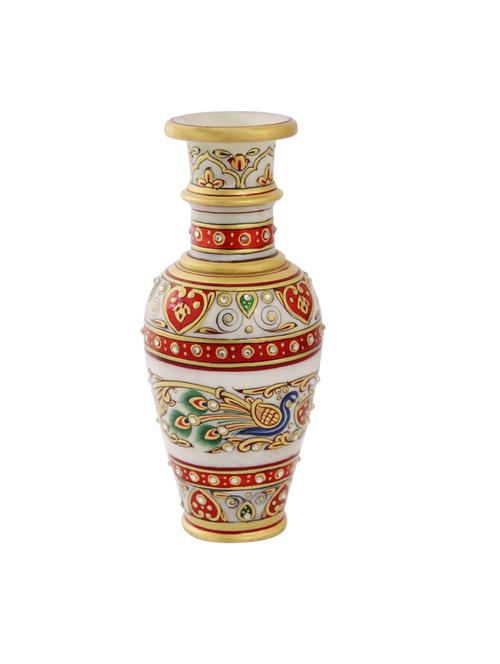 marble flower vase with beautiful peacock pattern and kundan work by handicrafts paradise - 14122283 - Very Small Image - 1