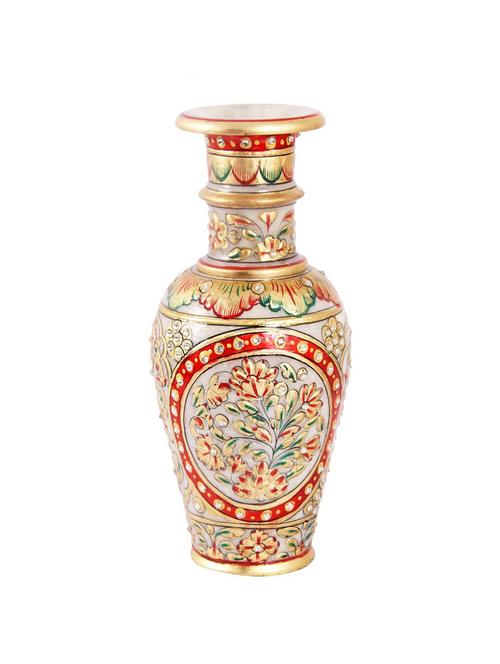 flower pot emboss painting in golden finish and red meena in marble by handicrafts paradise - 14122290 - Very Small Image - 1