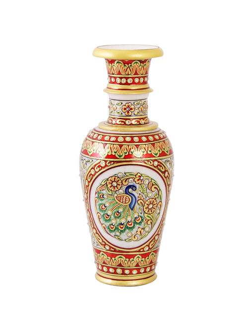 flower pot carved in marble with peacock painting by handicrafts paradise - 14122299 - Very Small Image - 1