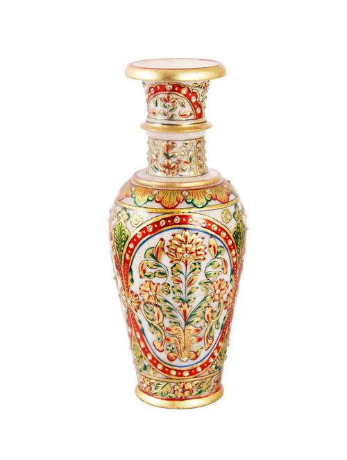 flower pot carved in marble with intricate floral painting in golden finish by handicrats paradise - 14122307 - Very Small Image - 1