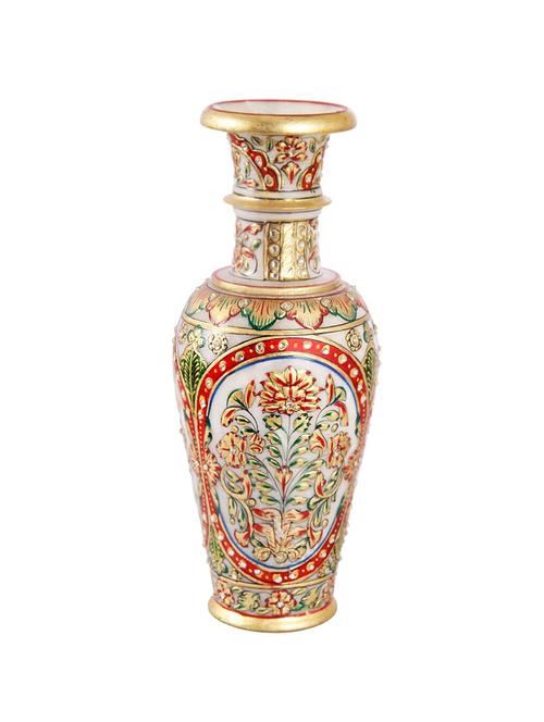 flower vase carved in marble with intricate floral painting in golden finish by handicrats paradise - 14122309 - Very Small Image - 1