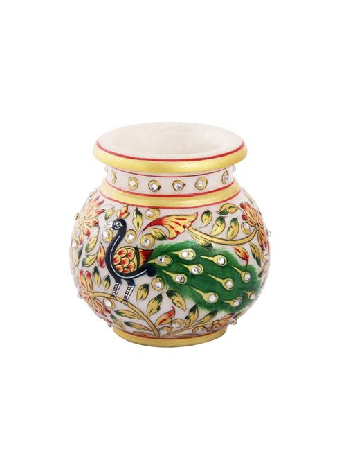 marble flower pot in round shape with peacock painted by handicrafts paradise - 14122318 - Very Small Image - 1