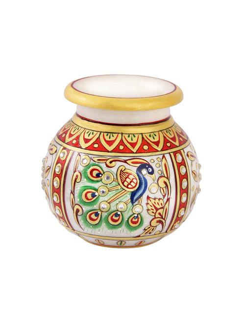 flower pot in round shape with peacock painted in marble by handicrafts paradise - 14122321 - Very Small Image - 1