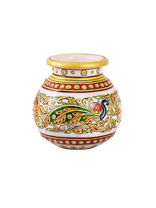 flower pot in round shape in marble with peacock painted with long feathers by handicrafts paradise - 14122324 - Very Small Image - 1