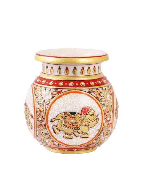 round flower pot in marble with elephant painted with long feathers by handicrafts paradise - 14122330 - Very Small Image - 1