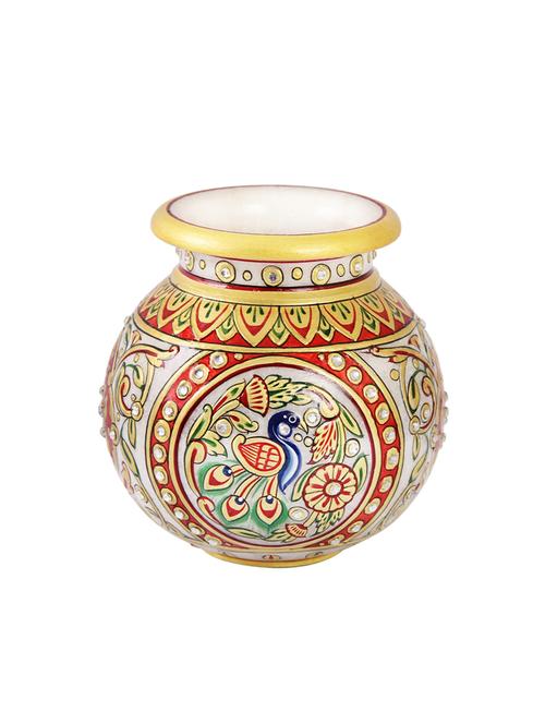 round shaped flower pot in marble with peacock painted by handicrafts paradise - 14122333 - Very Small Image - 1